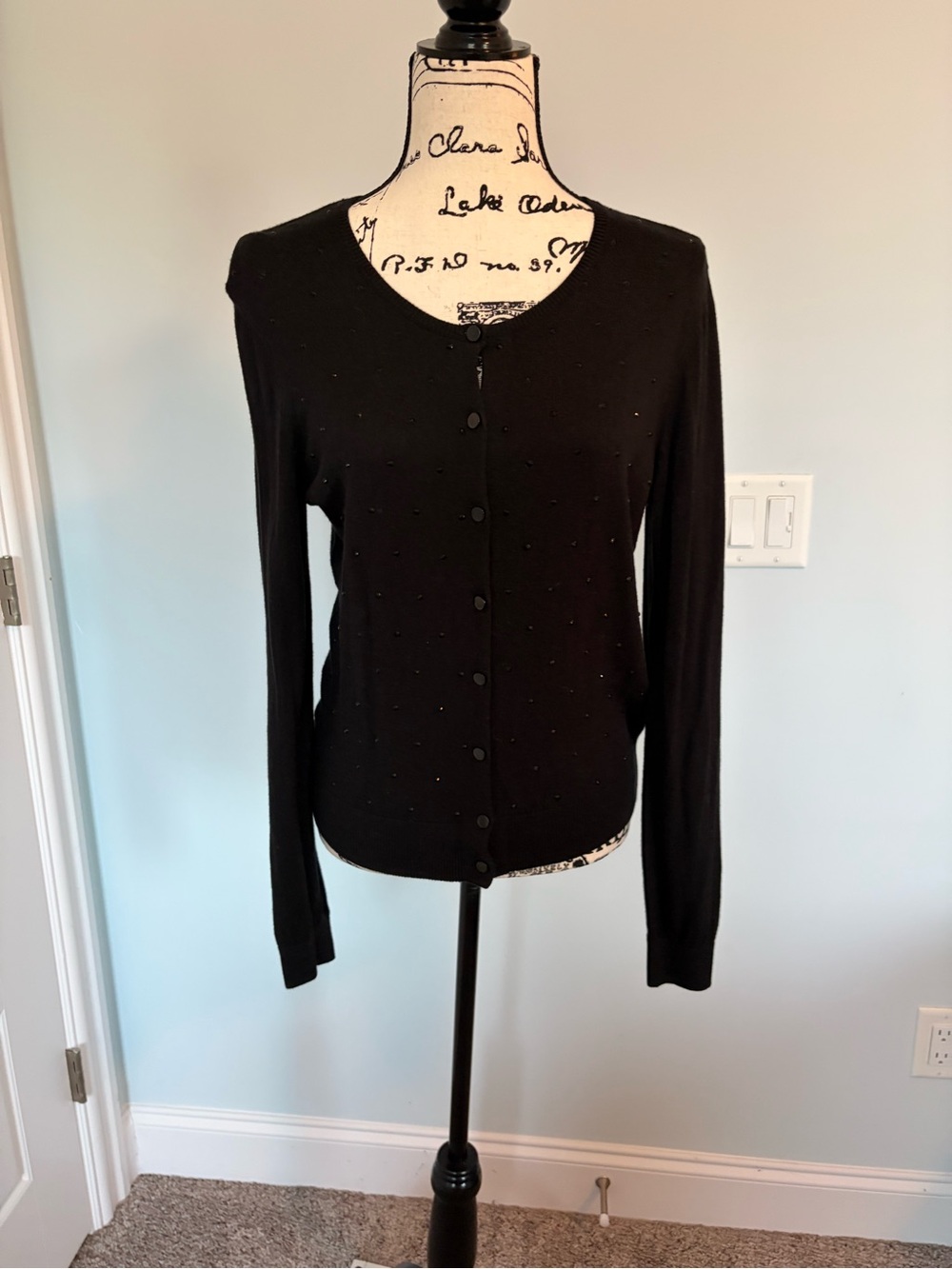 Ann Taylor Black Beaded Crewneck Cardigan